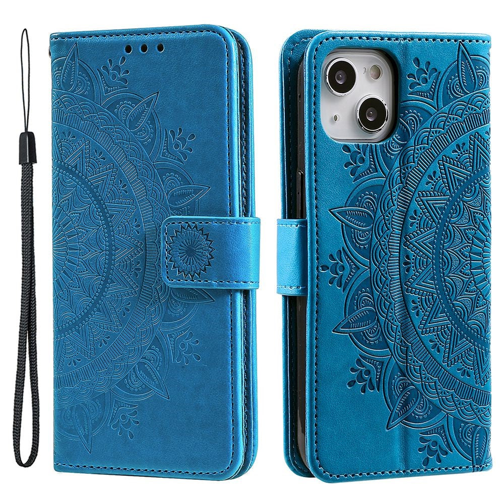 For iPhone 15 Plus Mandala Flower Imprint Protective Case PU Leather Wallet Stand Phone Cover with Strap