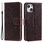 For iPhone 15 Plus Mandala Flower Imprint Protective Case PU Leather Wallet Stand Phone Cover with Strap