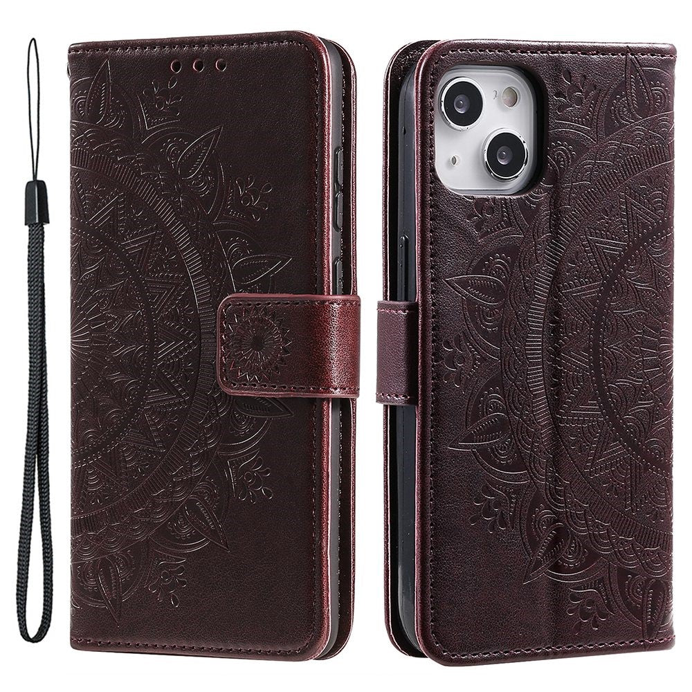For iPhone 15 Plus Mandala Flower Imprint Protective Case PU Leather Wallet Stand Phone Cover with Strap