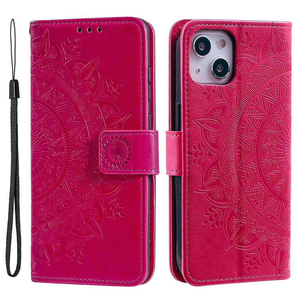 For iPhone 15 Plus Mandala Flower Imprint Protective Case PU Leather Wallet Stand Phone Cover with Strap