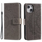 For iPhone 15 Plus Mandala Flower Imprint Protective Case PU Leather Wallet Stand Phone Cover with Strap