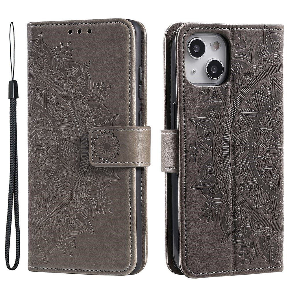 For iPhone 15 Plus Mandala Flower Imprint Protective Case PU Leather Wallet Stand Phone Cover with Strap