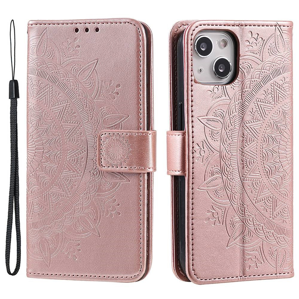 For iPhone 15 Plus Mandala Flower Imprint Protective Case PU Leather Wallet Stand Phone Cover with Strap