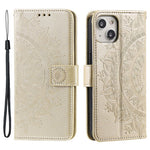 For iPhone 15 Plus Mandala Flower Imprint Protective Case PU Leather Wallet Stand Phone Cover with Strap