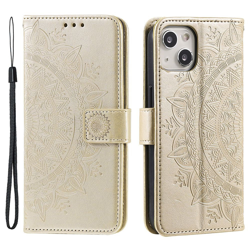 For iPhone 15 Plus Mandala Flower Imprint Protective Case PU Leather Wallet Stand Phone Cover with Strap