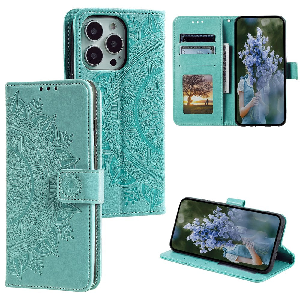 For iPhone 15 Pro Flip Phone Case PU Leather Mandala Flower Imprint Stand Wallet Cover with Strap