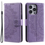 For iPhone 15 Pro Flip Phone Case PU Leather Mandala Flower Imprint Stand Wallet Cover with Strap