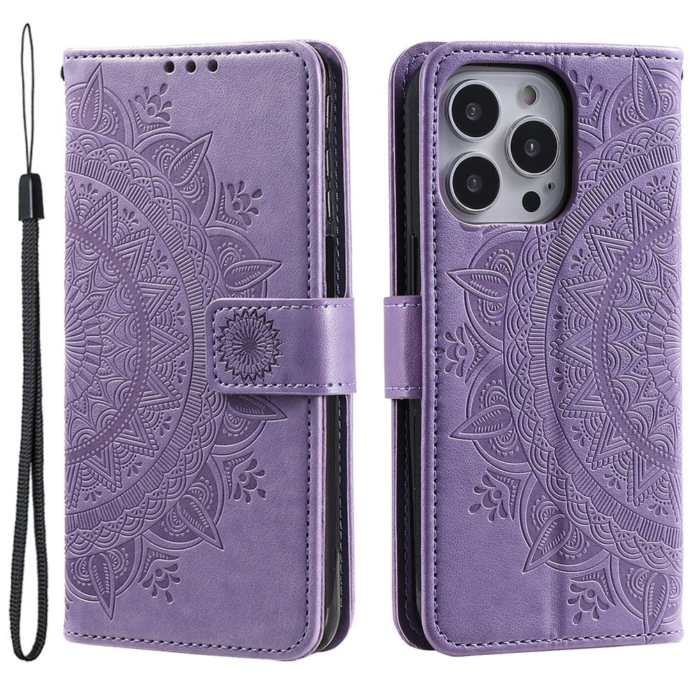 For iPhone 15 Pro Flip Phone Case PU Leather Mandala Flower Imprint Stand Wallet Cover with Strap