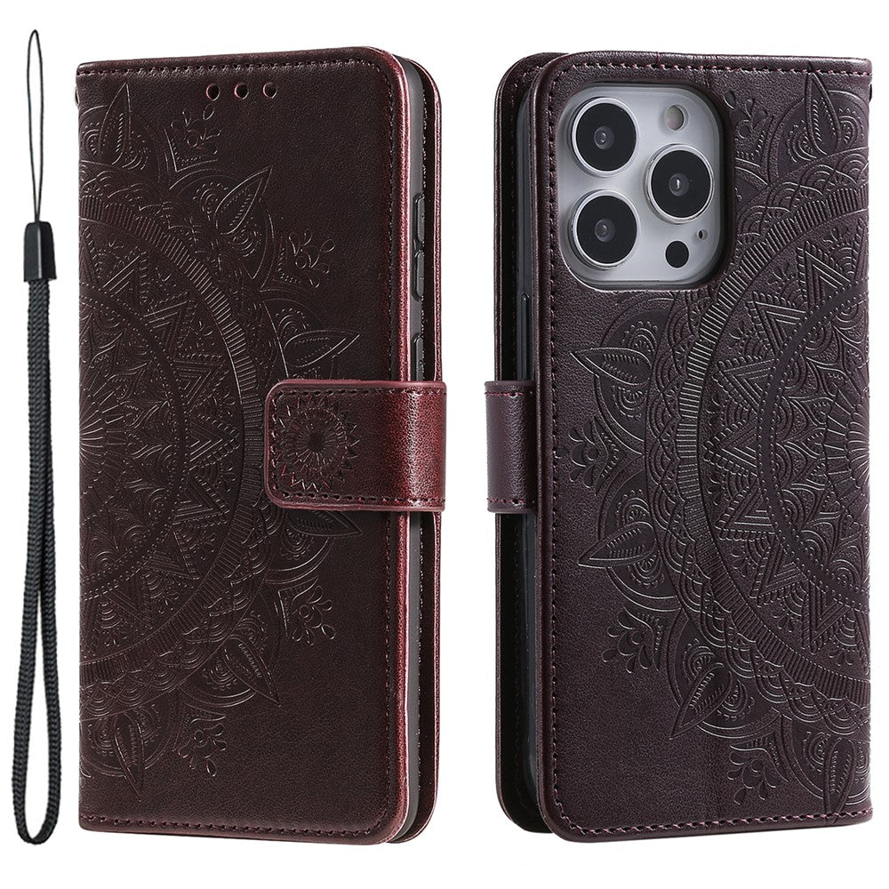 For iPhone 15 Pro Flip Phone Case PU Leather Mandala Flower Imprint Stand Wallet Cover with Strap