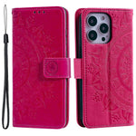For iPhone 15 Pro Flip Phone Case PU Leather Mandala Flower Imprint Stand Wallet Cover with Strap