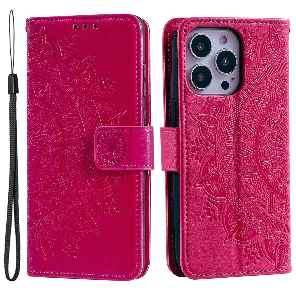 For iPhone 15 Pro Flip Phone Case PU Leather Mandala Flower Imprint Stand Wallet Cover with Strap