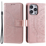 For iPhone 15 Pro Flip Phone Case PU Leather Mandala Flower Imprint Stand Wallet Cover with Strap