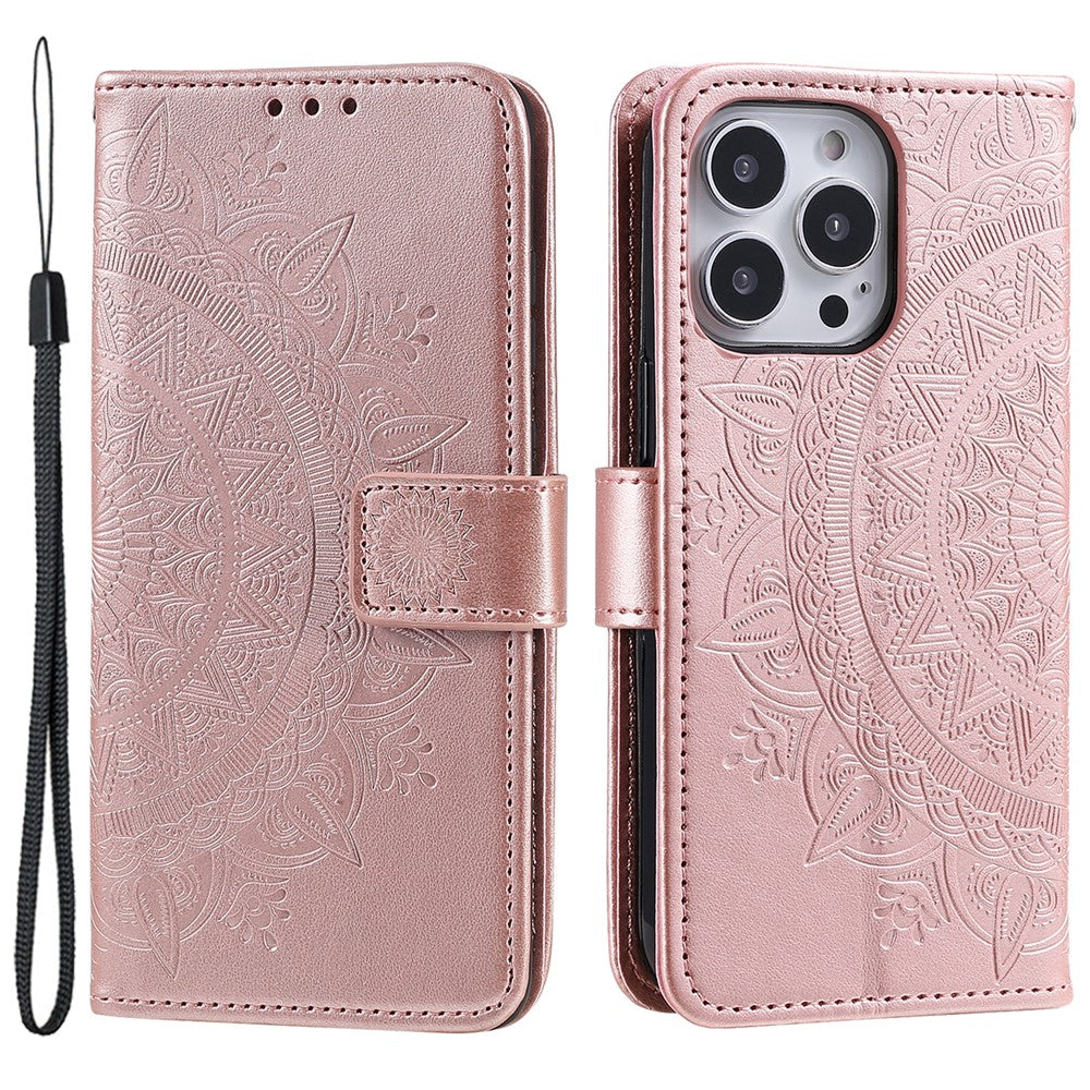 For iPhone 15 Pro Flip Phone Case PU Leather Mandala Flower Imprint Stand Wallet Cover with Strap