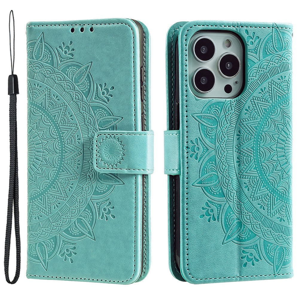 Til iPhone 15 Pro Max Mandala Blomsterpræg Telefoncover PU Læder Pung Stativ Folio Cover med Rem