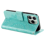 For iPhone 15 Pro Max Mandala Flower Imprint Phone Case PU Leather Wallet Stand Folio Cover with Strap