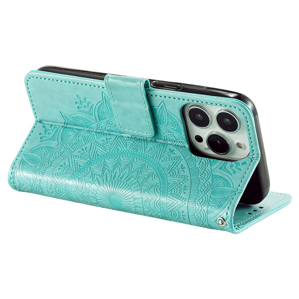 For iPhone 15 Pro Max Mandala Flower Imprint Phone Case PU Leather Wallet Stand Folio Cover with Strap