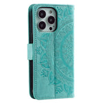 For iPhone 15 Pro Max Mandala Flower Imprint Phone Case PU Leather Wallet Stand Folio Cover with Strap