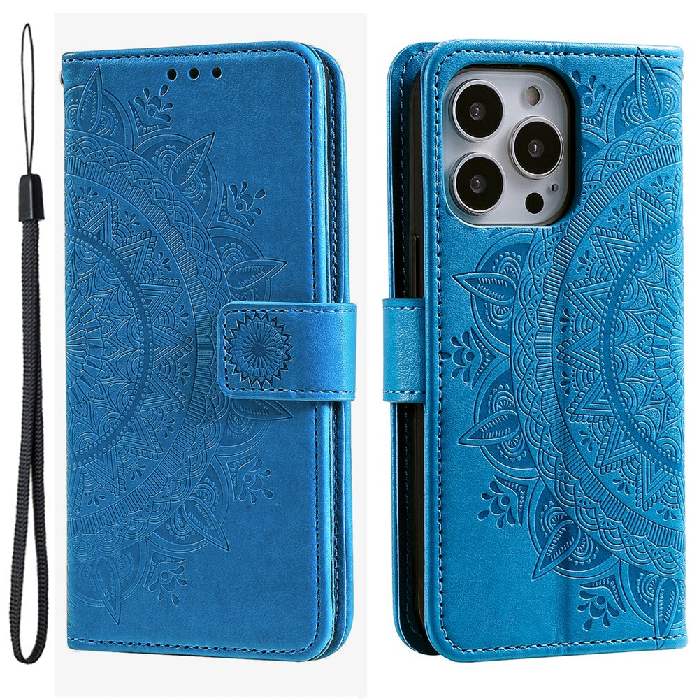 For iPhone 15 Pro Max Mandala Flower Imprint Phone Case PU Leather Wallet Stand Folio Cover with Strap
