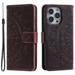 For iPhone 15 Pro Max Mandala Flower Imprint Phone Case PU Leather Wallet Stand Folio Cover with Strap