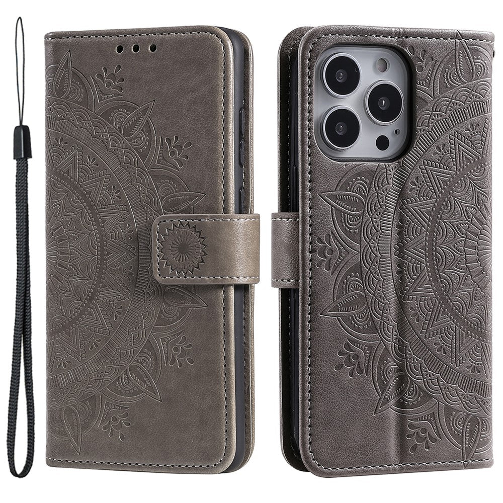 For iPhone 15 Pro Max Mandala Flower Imprint Phone Case PU Leather Wallet Stand Folio Cover with Strap