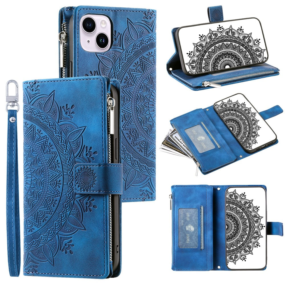 För iPhone 15 Plus Dragkedjeplånbok Läderfodral Mandala Blommig Tryckt Stativ Korthållare Fodral med Rem