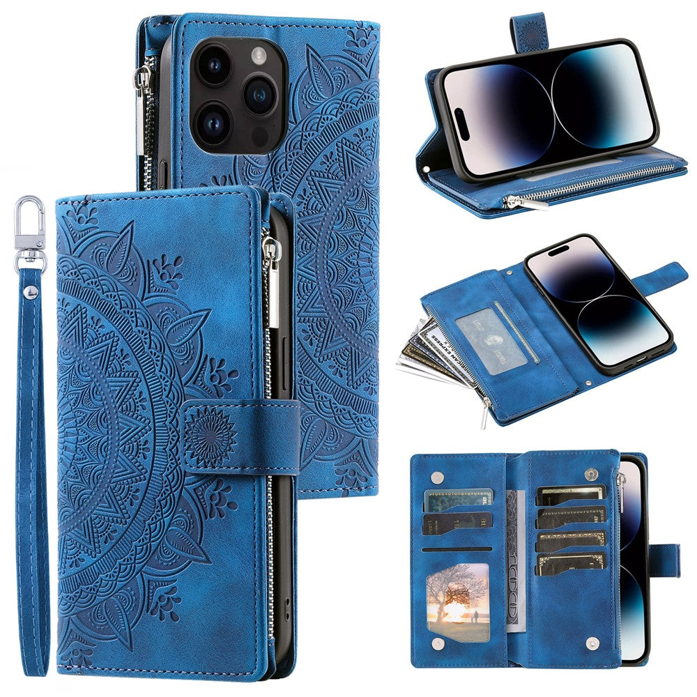 Til iPhone 15 Pro Mandala Blomst Præget Læderetui Kortpladser Lynlåslomme Stander Telefoncover med Rem