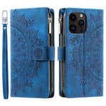 Til iPhone 15 Pro Mandala Blomst Præget Læderetui Kortpladser Lynlåslomme Stander Telefoncover med Rem