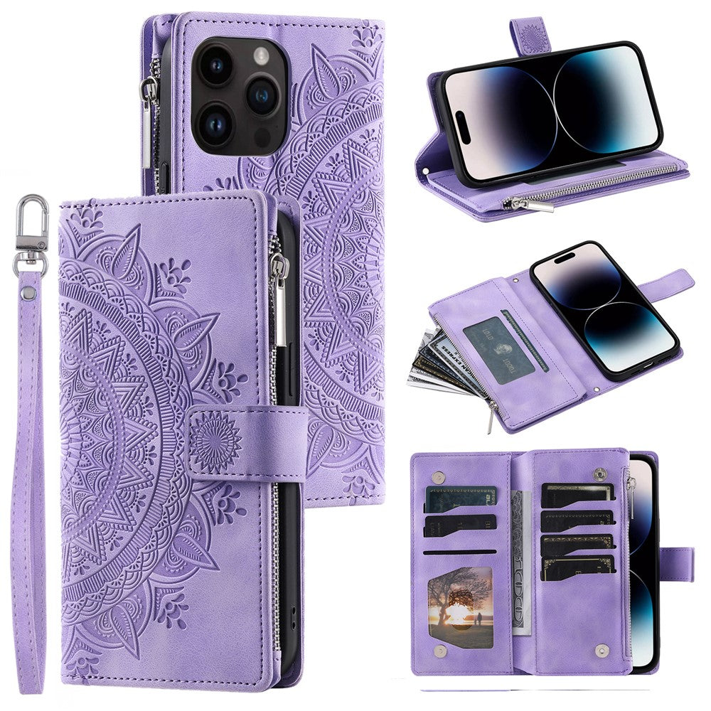 Til iPhone 15 Pro Mandala Blomst Præget Læderetui Kortpladser Lynlåslomme Stander Telefoncover med Rem