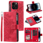 Til iPhone 15 Pro Mandala Blomst Præget Læderetui Kortpladser Lynlåslomme Stander Telefoncover med Rem