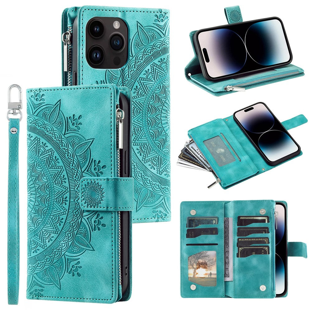 Til iPhone 15 Pro Mandala Blomst Præget Læderetui Kortpladser Lynlåslomme Stander Telefoncover med Rem
