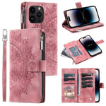 Til iPhone 15 Pro Mandala Blomst Præget Læderetui Kortpladser Lynlåslomme Stander Telefoncover med Rem