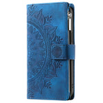 For iPhone 15 Pro Max PU Leather Mandala Flower Imprinted Card Holder Zipper Pocket Wallet Case Stand with Strap