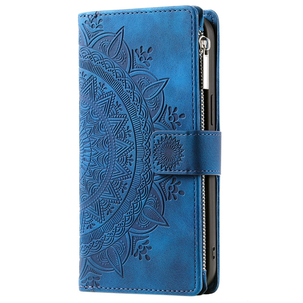 For iPhone 15 Pro Max PU Leather Mandala Flower Imprinted Card Holder Zipper Pocket Wallet Case Stand with Strap