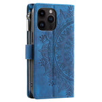 For iPhone 15 Pro Max PU Leather Mandala Flower Imprinted Card Holder Zipper Pocket Wallet Case Stand with Strap