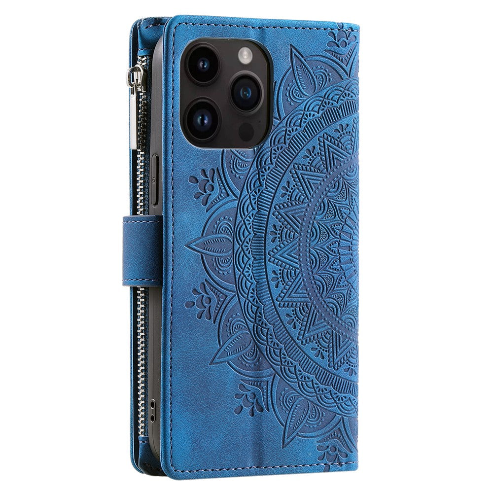 For iPhone 15 Pro Max PU Leather Mandala Flower Imprinted Card Holder Zipper Pocket Wallet Case Stand with Strap