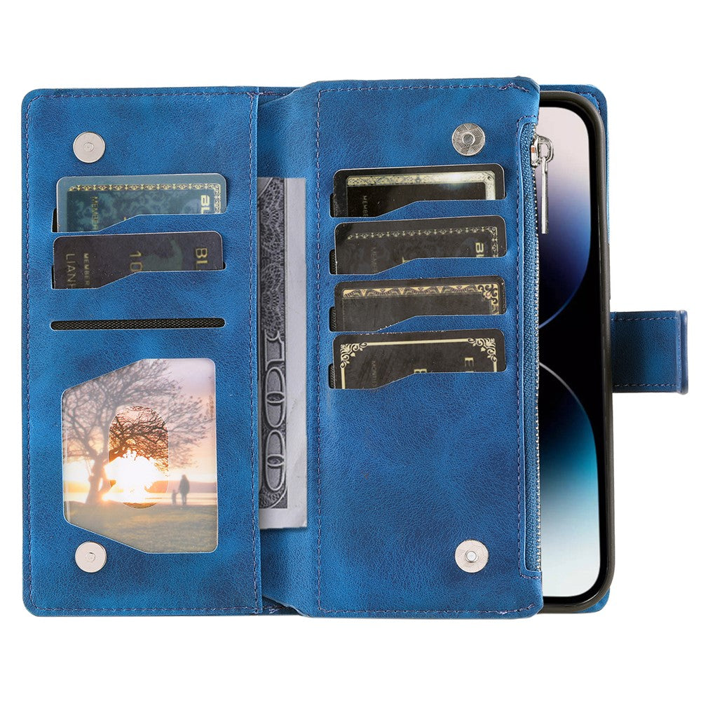 For iPhone 15 Pro Max PU Leather Mandala Flower Imprinted Card Holder Zipper Pocket Wallet Case Stand with Strap