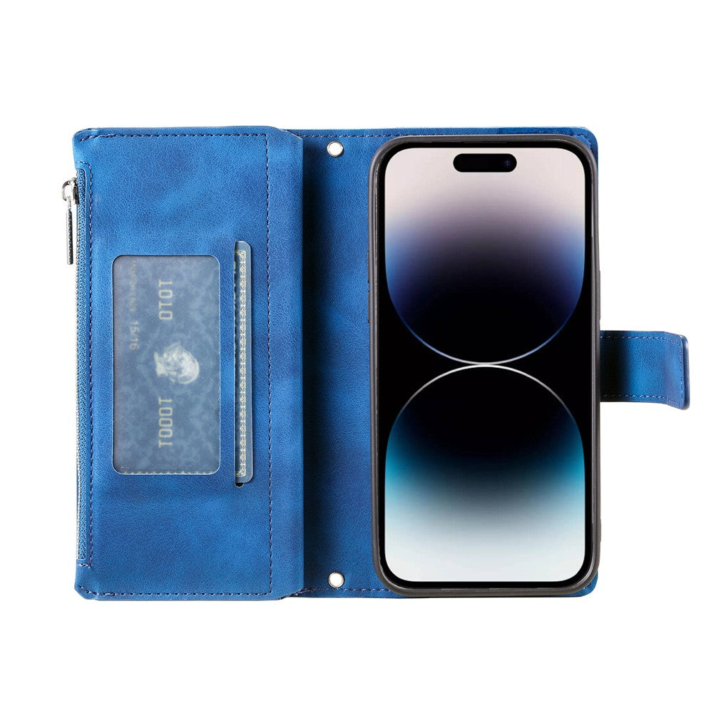 For iPhone 15 Pro Max PU Leather Mandala Flower Imprinted Card Holder Zipper Pocket Wallet Case Stand with Strap