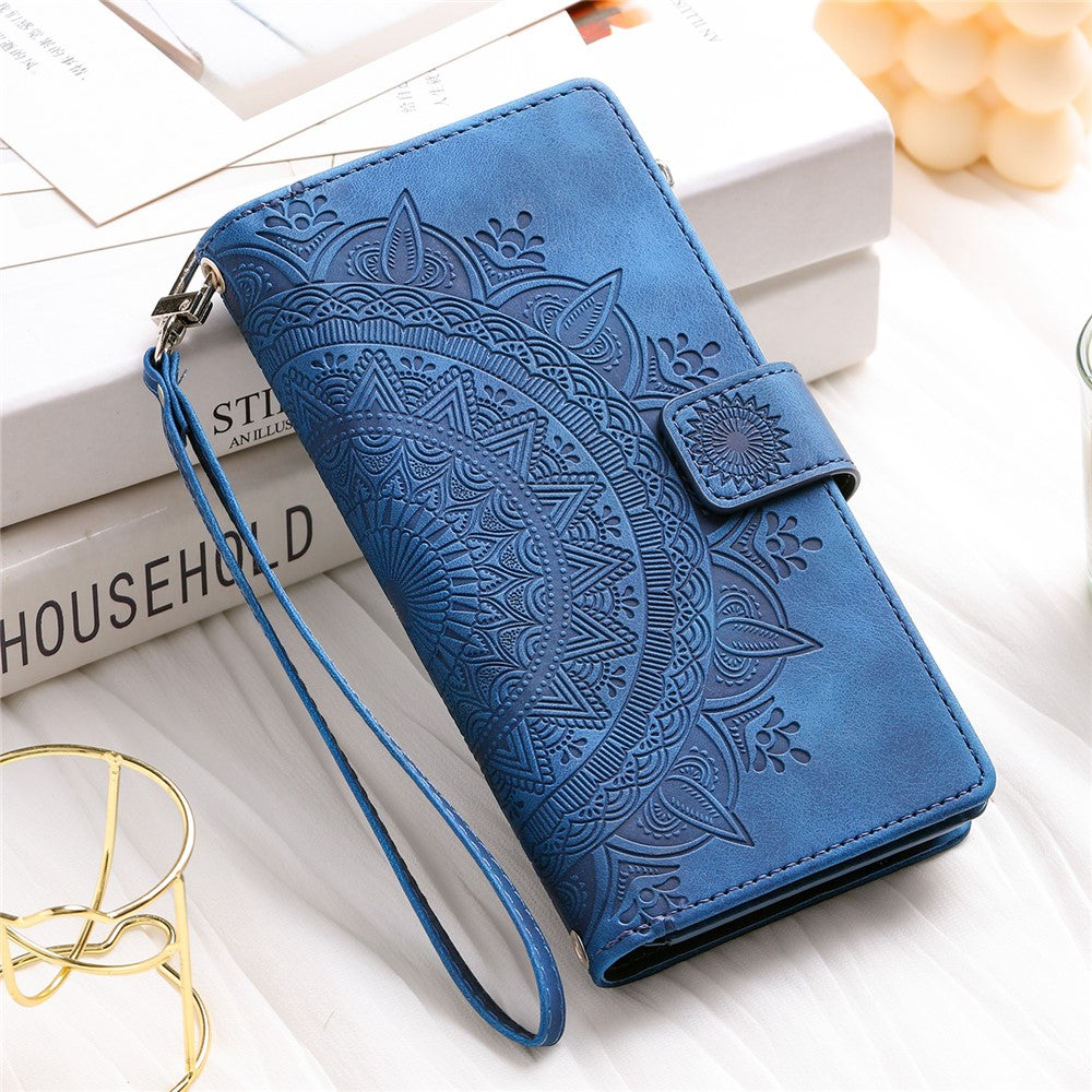 For iPhone 15 Pro Max PU Leather Mandala Flower Imprinted Card Holder Zipper Pocket Wallet Case Stand with Strap