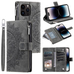 For iPhone 15 Pro Max PU Leather Mandala Flower Imprinted Card Holder Zipper Pocket Wallet Case Stand with Strap