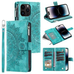 For iPhone 15 Pro Max PU Leather Mandala Flower Imprinted Card Holder Zipper Pocket Wallet Case Stand with Strap