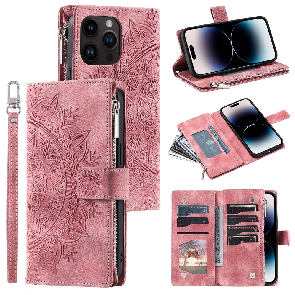 For iPhone 15 Pro Max PU Leather Mandala Flower Imprinted Card Holder Zipper Pocket Wallet Case Stand with Strap