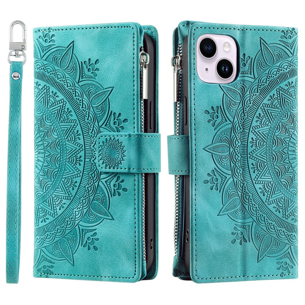 Mandala Flower Imprinted PU Leather Cover for iPhone 15 Zipper Pocket Anti-Drop Wallet Phone Case with Strap