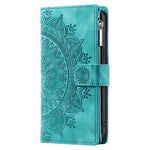 Mandala Flower Imprinted PU Leather Cover for iPhone 15 Zipper Pocket Anti-Drop Wallet Phone Case with Strap