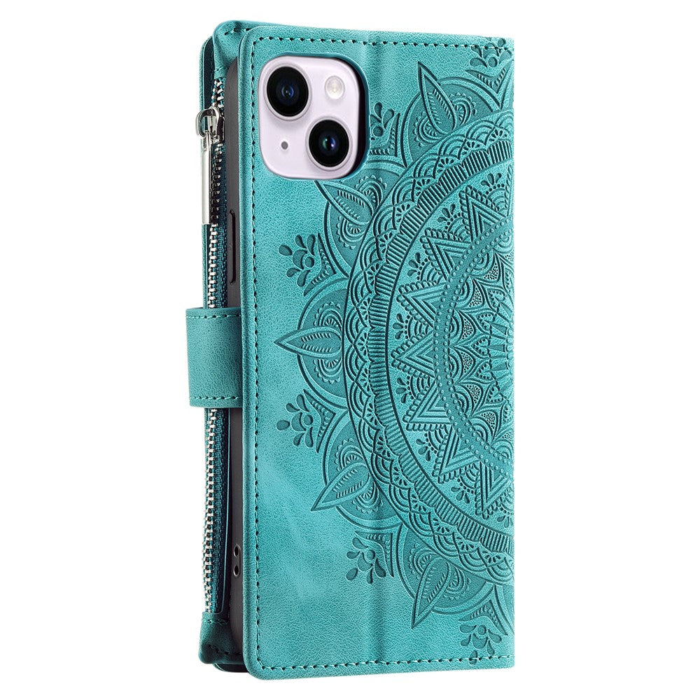 Mandala Flower Imprinted PU Leather Cover for iPhone 15 Zipper Pocket Anti-Drop Wallet Phone Case with Strap