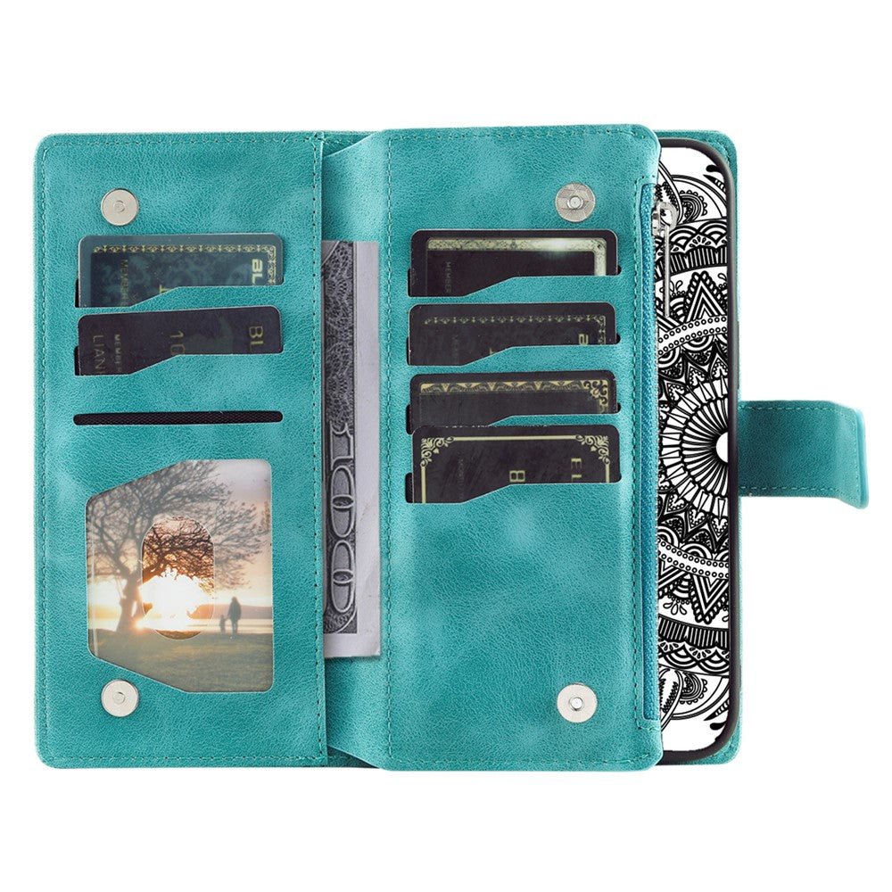 Mandala Flower Imprinted PU Leather Cover for iPhone 15 Zipper Pocket Anti-Drop Wallet Phone Case with Strap