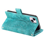 Mandala Flower Imprinted PU Leather Cover for iPhone 15 Zipper Pocket Anti-Drop Wallet Phone Case with Strap