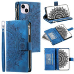Mandala Flower Imprinted PU Leather Cover for iPhone 15 Zipper Pocket Anti-Drop Wallet Phone Case with Strap