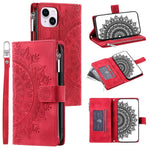 Mandala Flower Imprinted PU Leather Cover for iPhone 15 Zipper Pocket Anti-Drop Wallet Phone Case with Strap