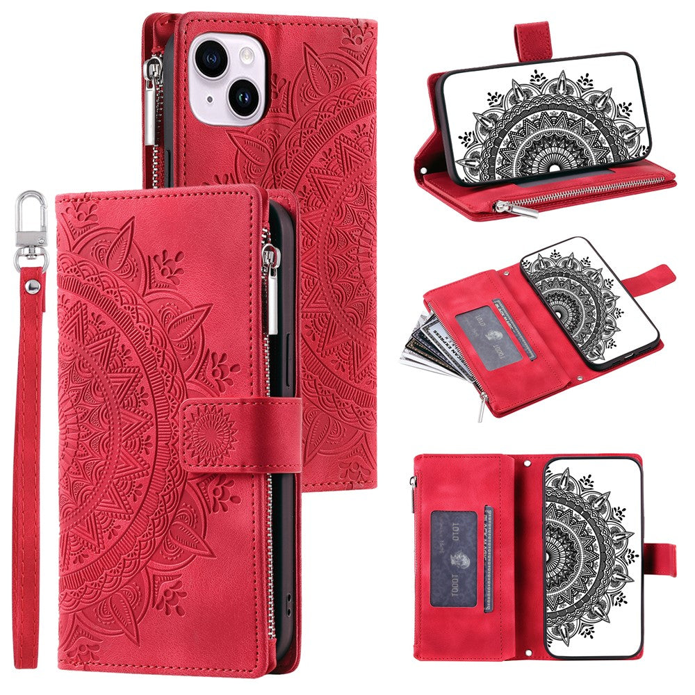 Mandala Flower Imprinted PU Leather Cover for iPhone 15 Zipper Pocket Anti-Drop Wallet Phone Case with Strap