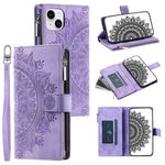 Mandala Flower Imprinted PU Leather Cover for iPhone 15 Zipper Pocket Anti-Drop Wallet Phone Case with Strap